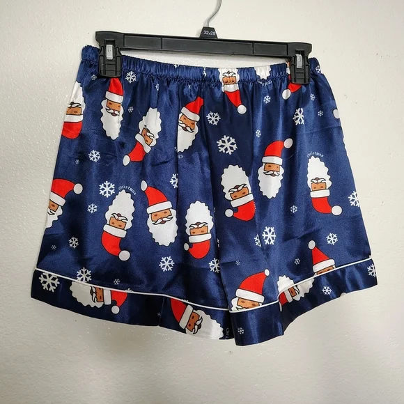 NWOT Ekouaer Navy Blue Santa Claus Print Satin Pajama Set Blouse & Shorts Sz S - Picture 11 of 15